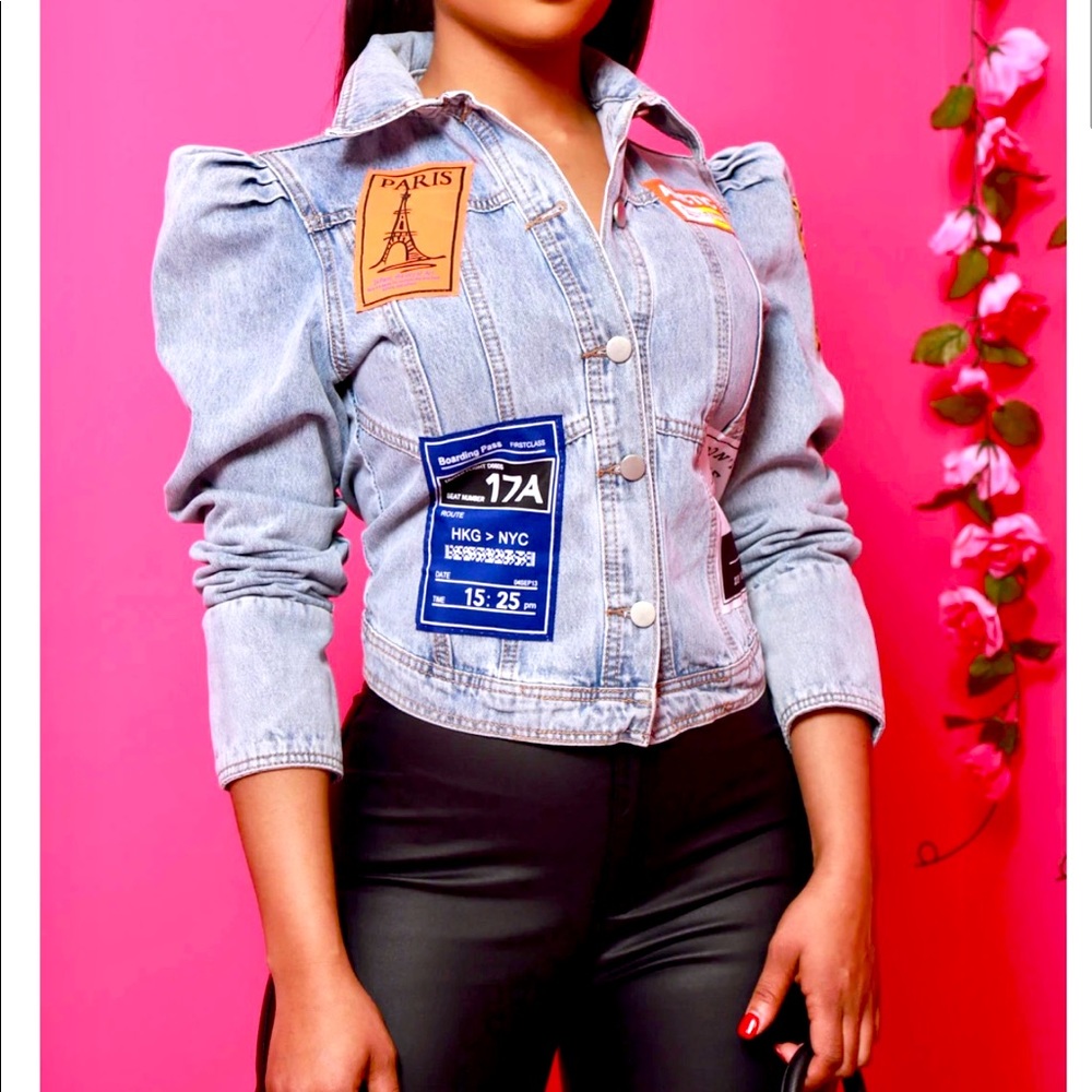 Warning Patch Power Shoulder Denim Jacket